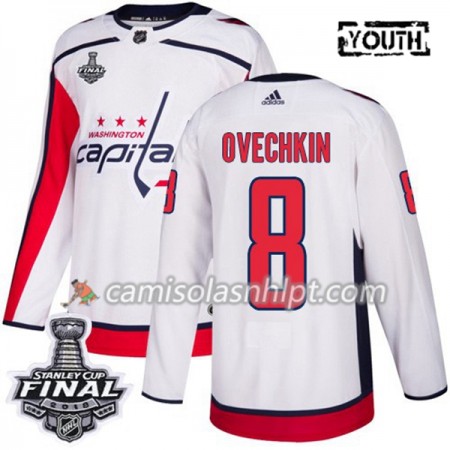 Camisola Washington Capitals Alex Ovechkin 8 2018 Stanley Cup Final Patch Adidas Branco Authentic - Criança
